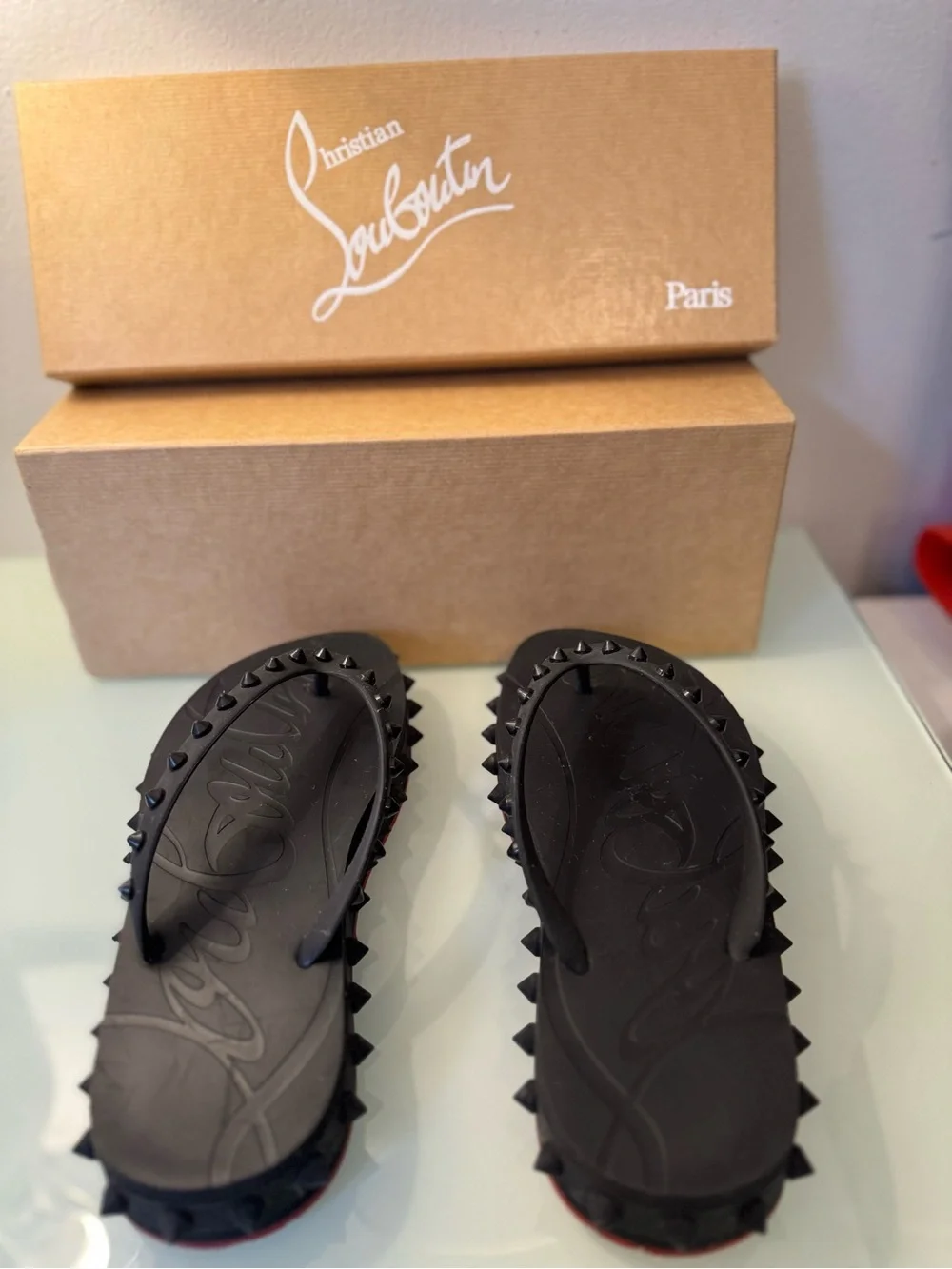 Christian Louboutin Black Studded Platform Flip Flops